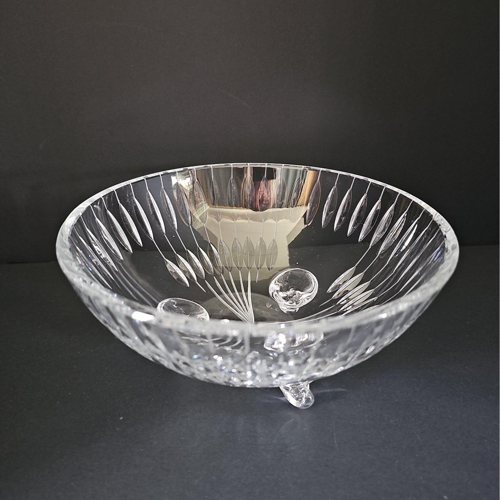Kusak Cut Crystal Bowl - 3 Footed Heavy Leaded Vertical Cuts  7"  Signed -R6